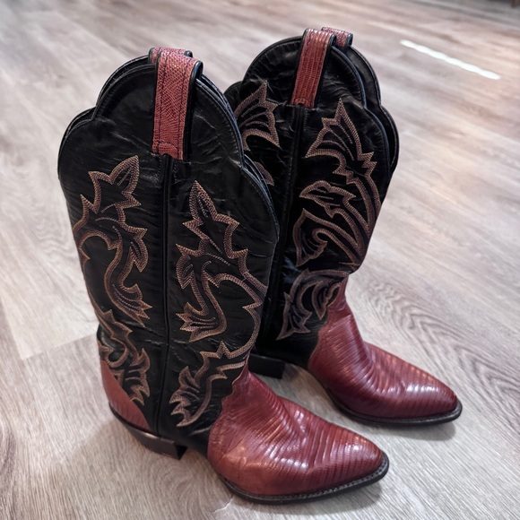 Tony Lama Snake Skin Reptile Cowgirl Boots Brown Black Western Scallop Cowboy 7 - Picture 2 of 9